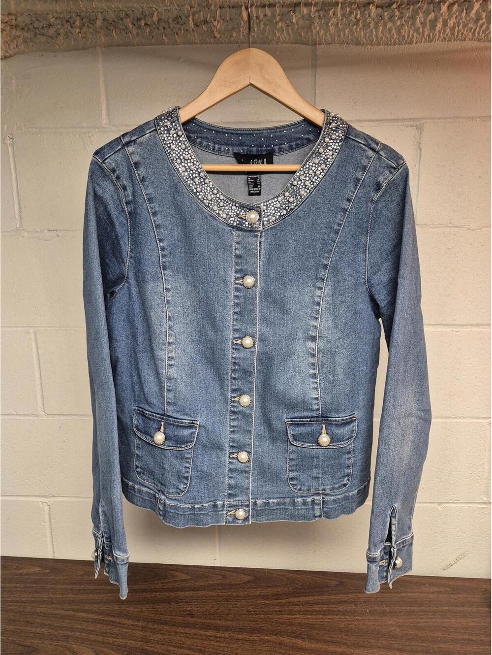 Joseph Ribkoff Women's Denim Jacket with Pearl and Stud Embellishments